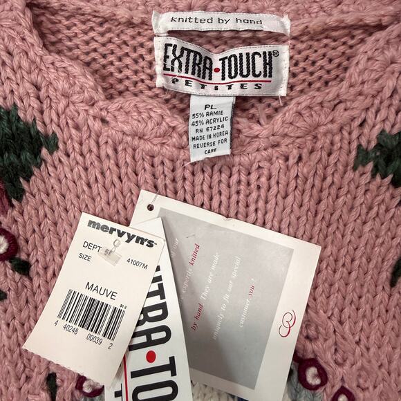 VTG Womens Chunky Knit Sweater L Petite Pink Mauve Rose Floral Granny Cottage - Picture 3 of 11